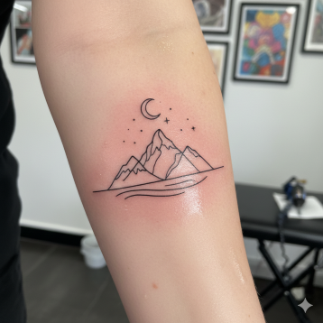 geometrinen fine line -tatuointi jossa kolme vuorta joiden yläpuolella kuun sirppi ja tähtiä, tatuointi kädessä