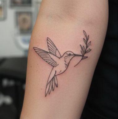 kädessä tatuointi lentävästä linnusta jolla on kasvi nokassaan