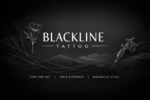 Blackline Tattoon logo, tatuointikone ja kukka.